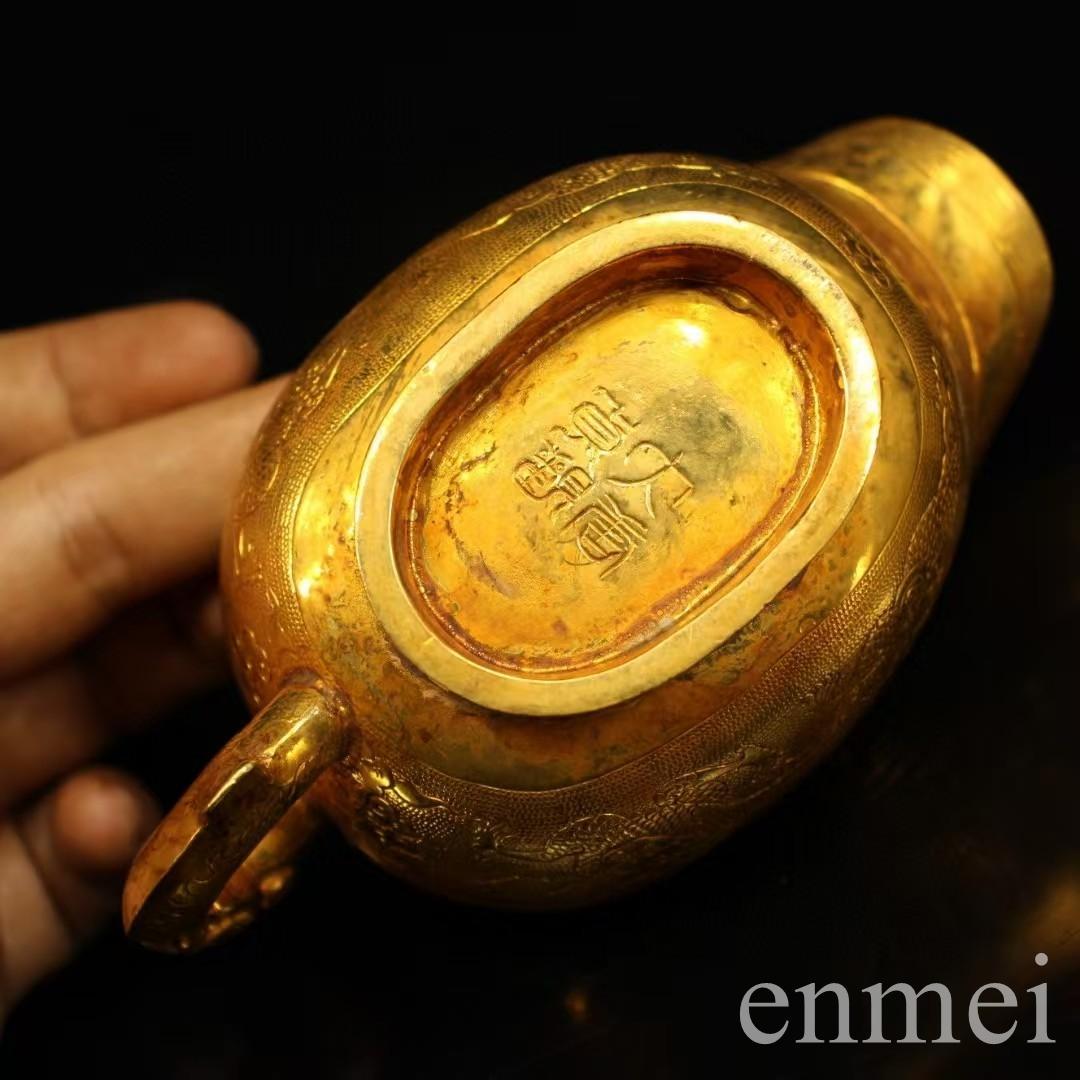 中国古美術・珍蔵浮彫鎏金双龍ワイングラス純銅制・純手作り・文房具・賞物 ·酒具