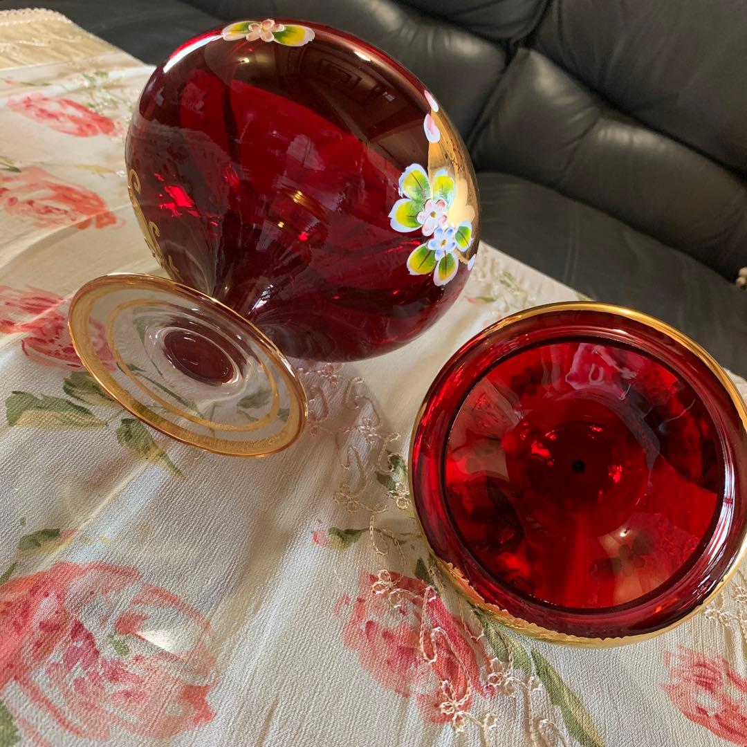 【ベネチアングラス】赤金彩美しいキャンディポット　アンティーク　ガラス工芸品