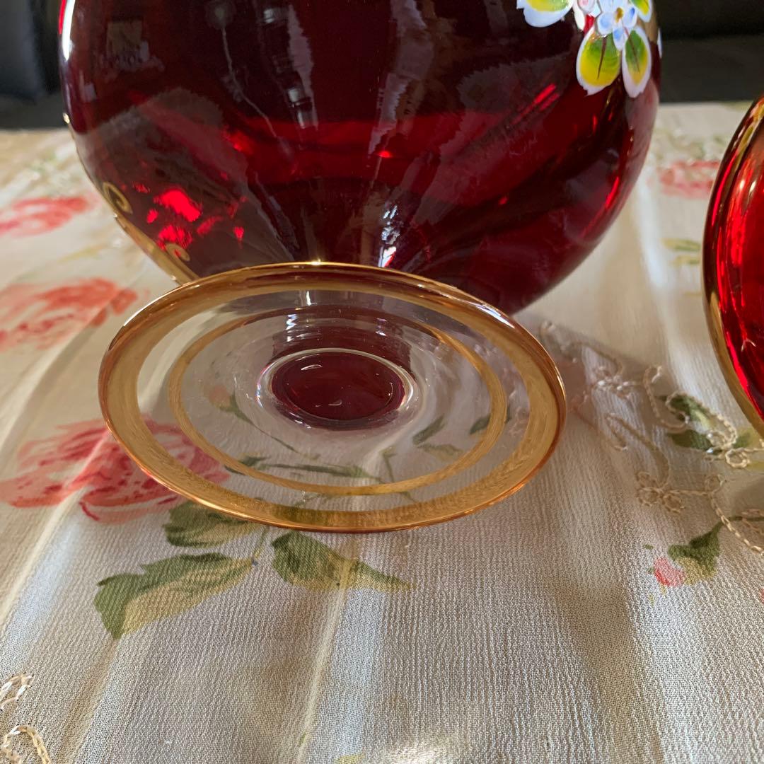 【ベネチアングラス】赤金彩美しいキャンディポット　アンティーク　ガラス工芸品