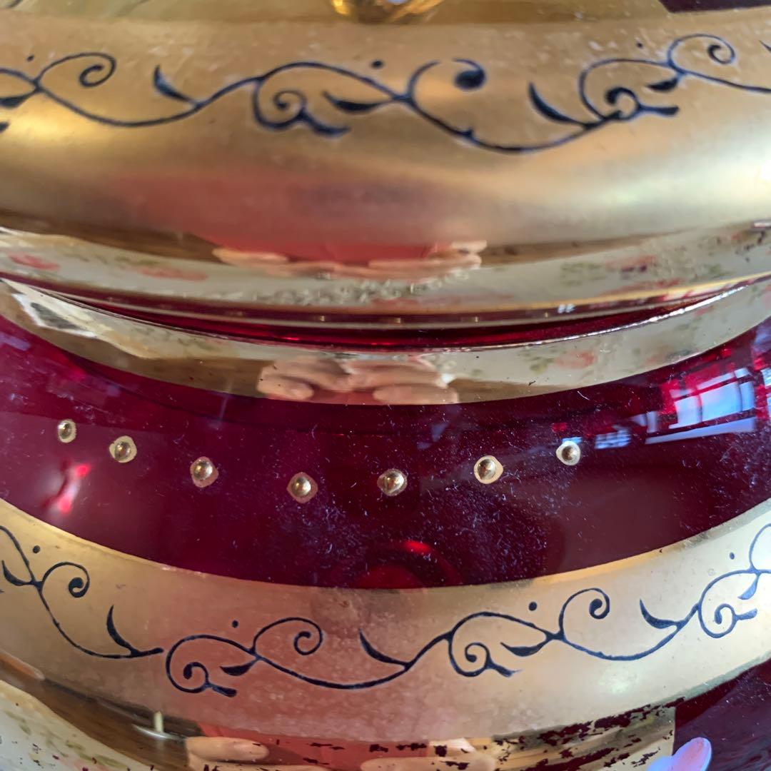 【ベネチアングラス】赤金彩美しいキャンディポット　アンティーク　ガラス工芸品