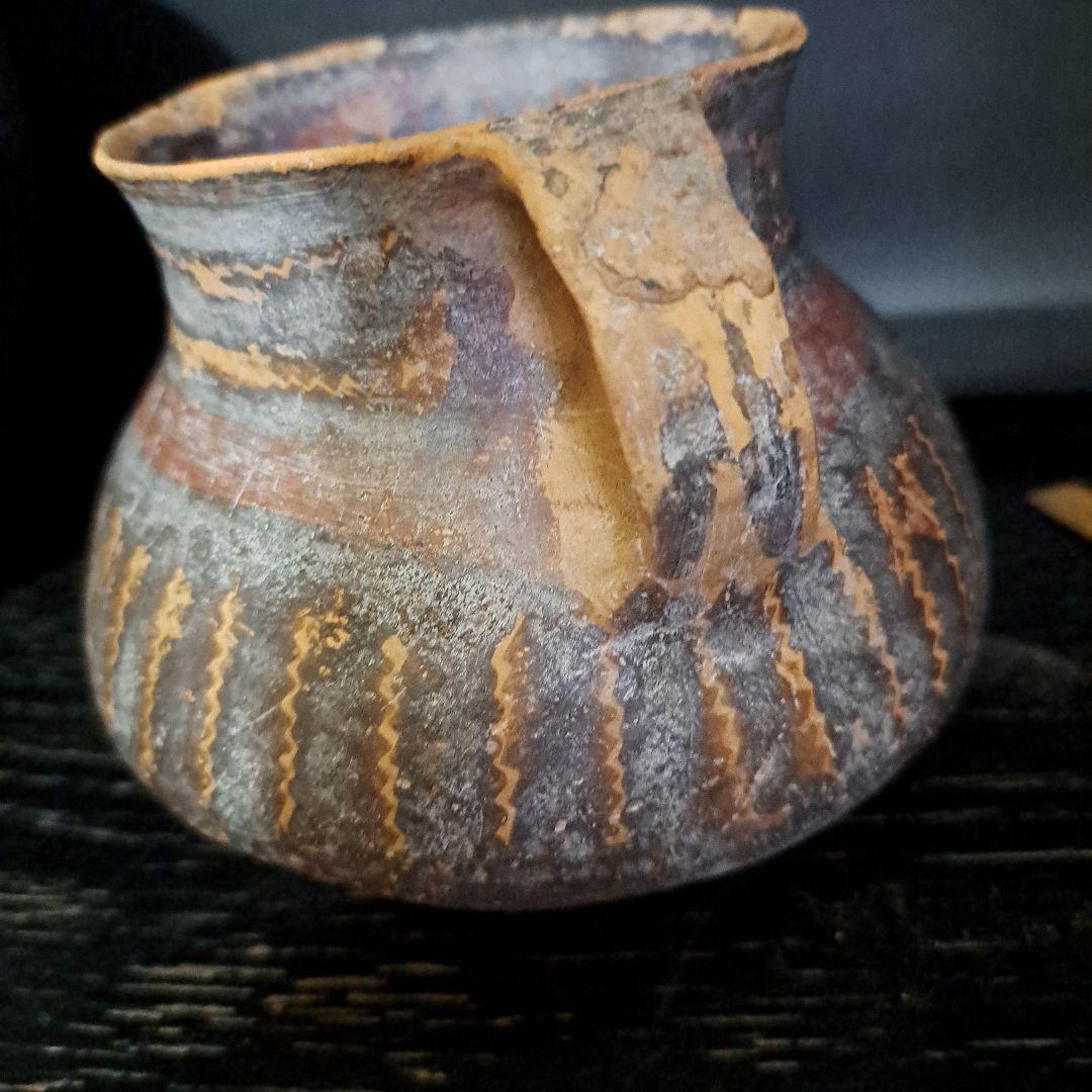 古代メキシコ産　土器　 水亀　水差し　縦縞模様
