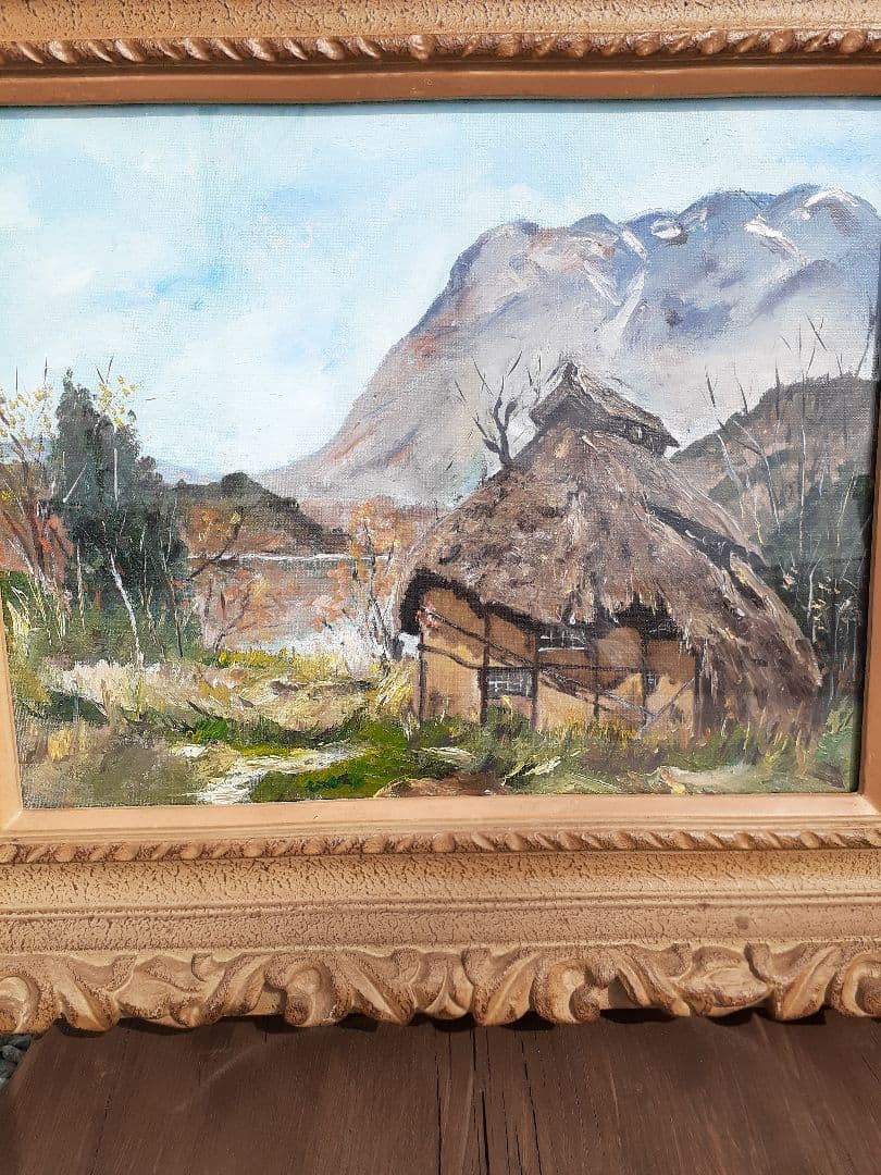 茅葺き屋根の家　絵画 油絵