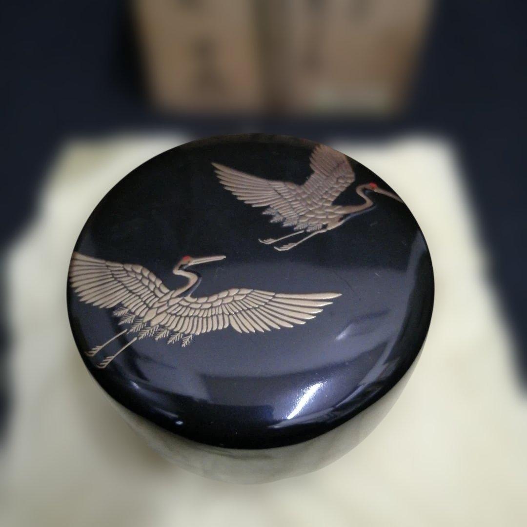 茶道具　黒平棗　日ノ出鶴蒔絵　前端春斎 作