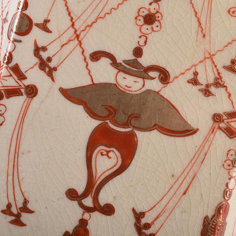 九谷焼　古九谷　赤絵金彩　瓔珞文　六角大徳利　一對　長壽箱付　G　R8975B