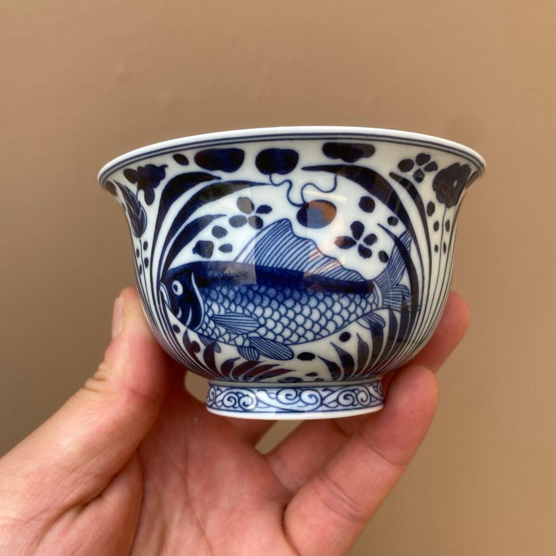 景徳鎮 元青花磁器魚藻紋懸停二才蓋碗 茶碗 煎茶器