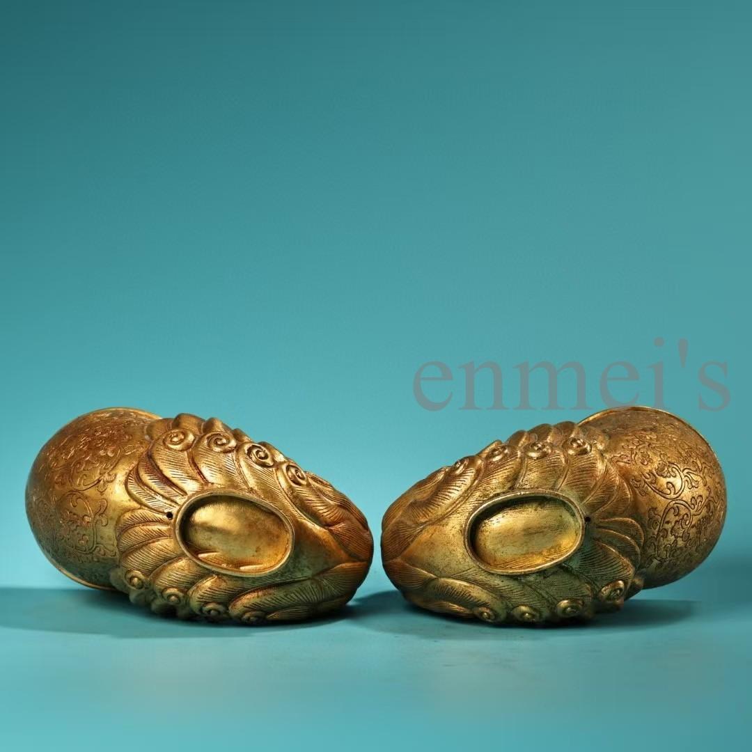 中国古美術・旧蔵純銅製・鎏金鳳凰酒杯一対・ワイングラス・高浮彫・錾刻・酒具・置物