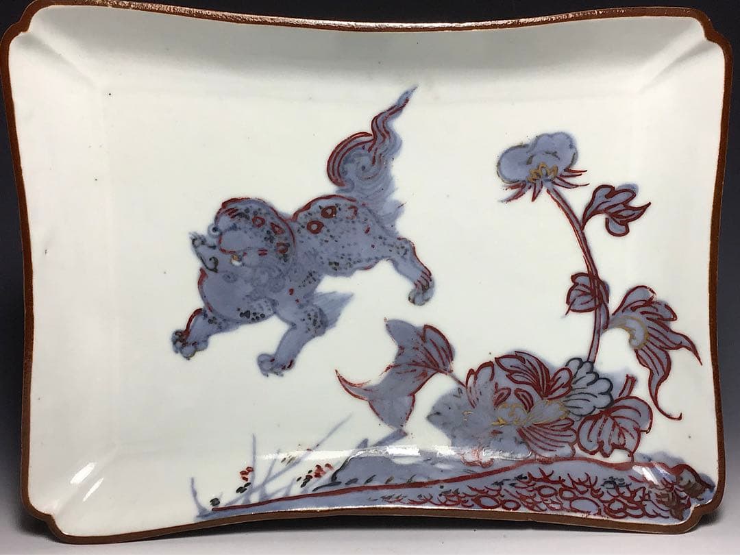 こ「古九谷」金銀彩唐獅子牡丹文角皿 (完品)