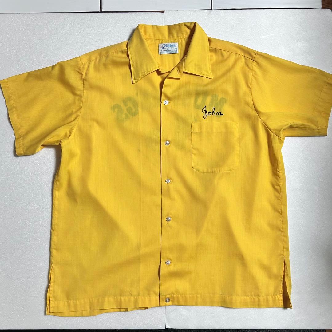 80s HILTONヒルトン　ボーリングシャツ　L マスタード　ラバープリント⑧