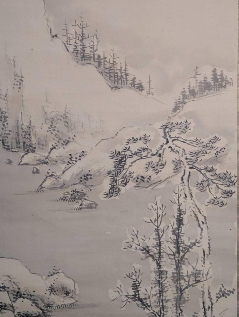 【真作】掛軸　水墨雪景山水　墨一色の冬景　南画逸品　共箱入　T107