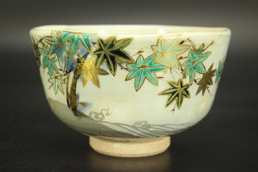 茶道具 楓流水絵 茶碗 三代目山川巖造 木箱付(メ1385)