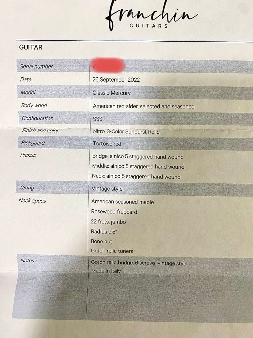 franchin guitars mercury ストラト　イタリア製