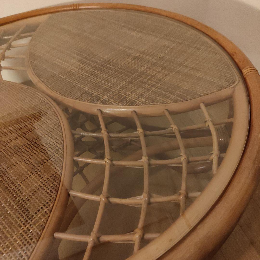 ラタン 藤 ガラス天板 丸テーブル 座卓 レトロ モダン 直径約90cm