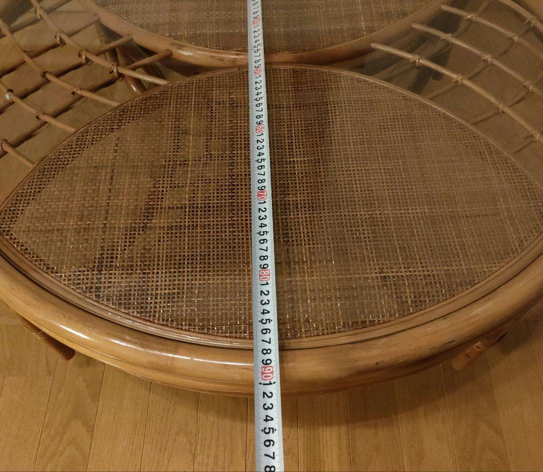 ラタン 藤 ガラス天板 丸テーブル 座卓 レトロ モダン 直径約90cm