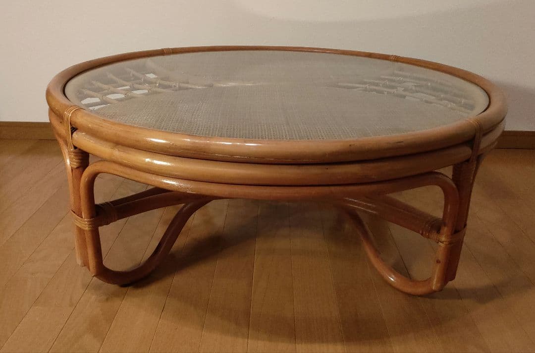 ラタン 藤 ガラス天板 丸テーブル 座卓 レトロ モダン 直径約90cm