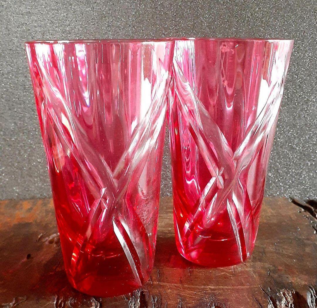 ギュンター　クノール作【復刻薩摩切子】紅色　切子　杯　酒杯　グラス　ペアー
