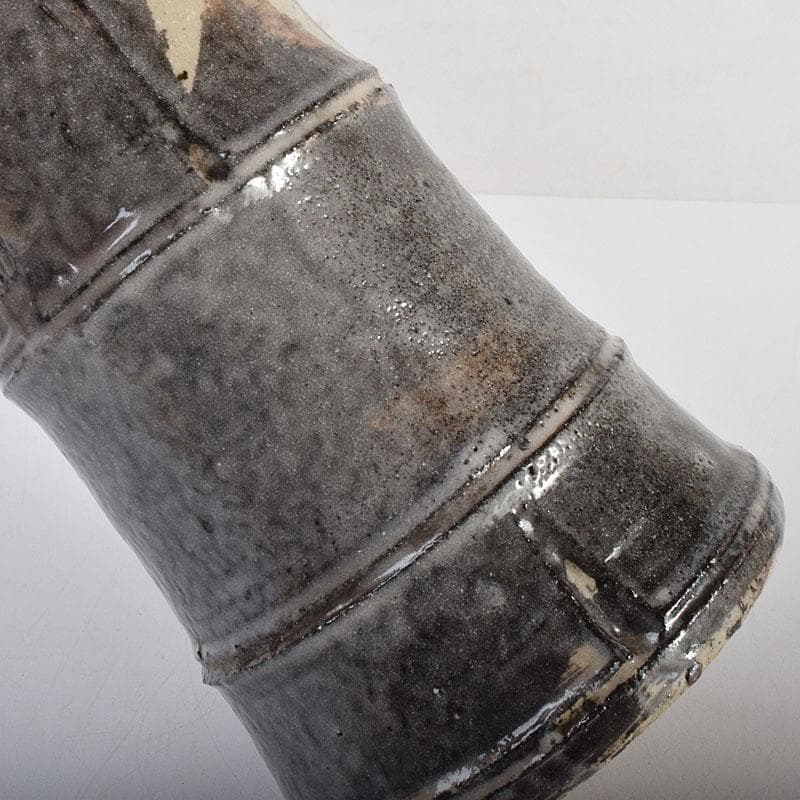 茶道具　泥中庵　真清水蔵六造　鼠志野　竹節花入　共箱　C　R7878