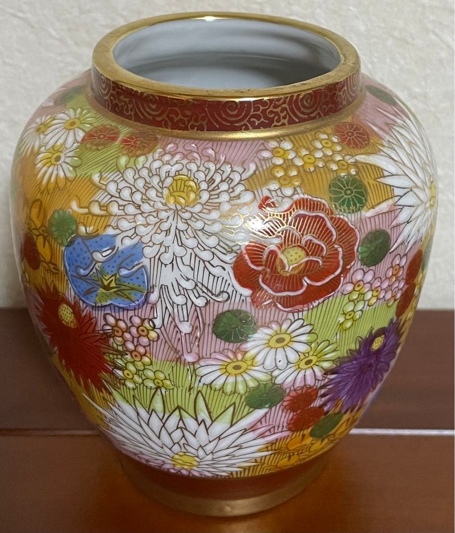 丸十　◯十　薩摩焼　薩摩藩　マーク　色絵金襴手花詰 花瓶　骨董　大変希少