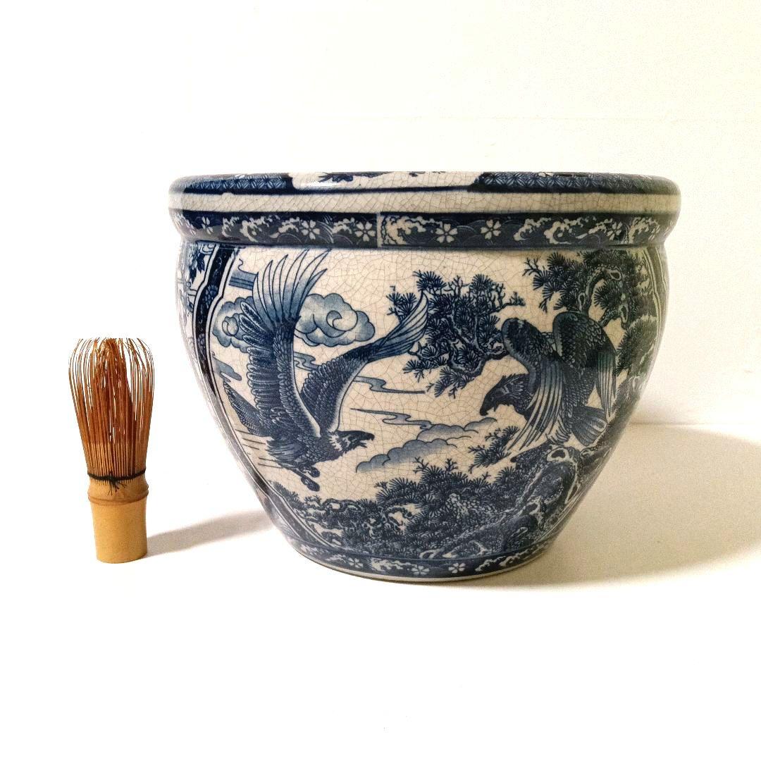 山水楼閣 鷹金魚図 火鉢 睡蓮鉢 金魚鉢 メダカ鉢