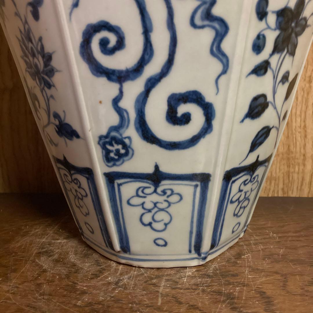 中国　染付　面取瓶　龍鳳花之図