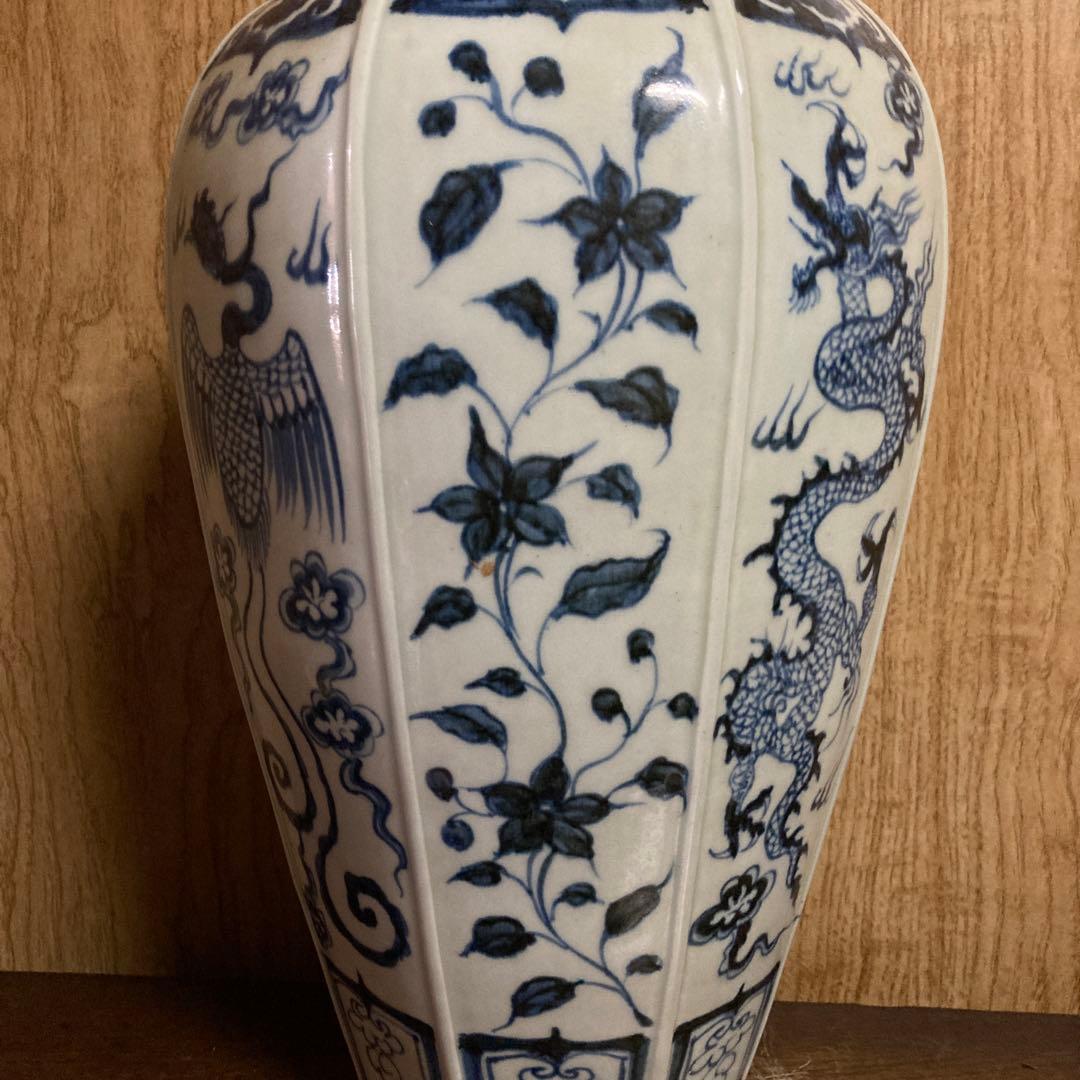 中国　染付　面取瓶　龍鳳花之図