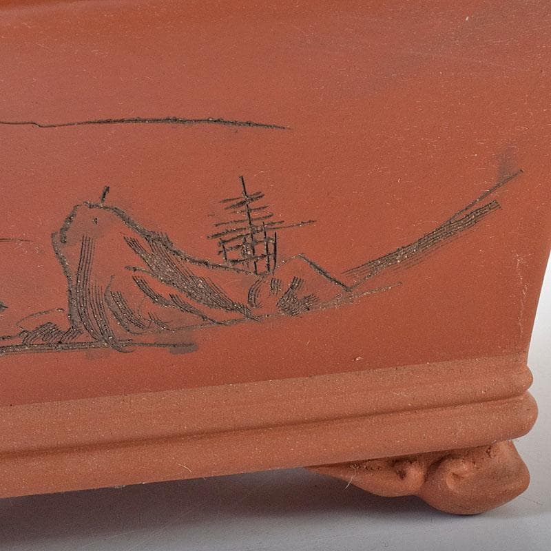 中国　紫砂　朱泥　漢詩山水刻　植木鉢　盆栽鉢　V　R8480H