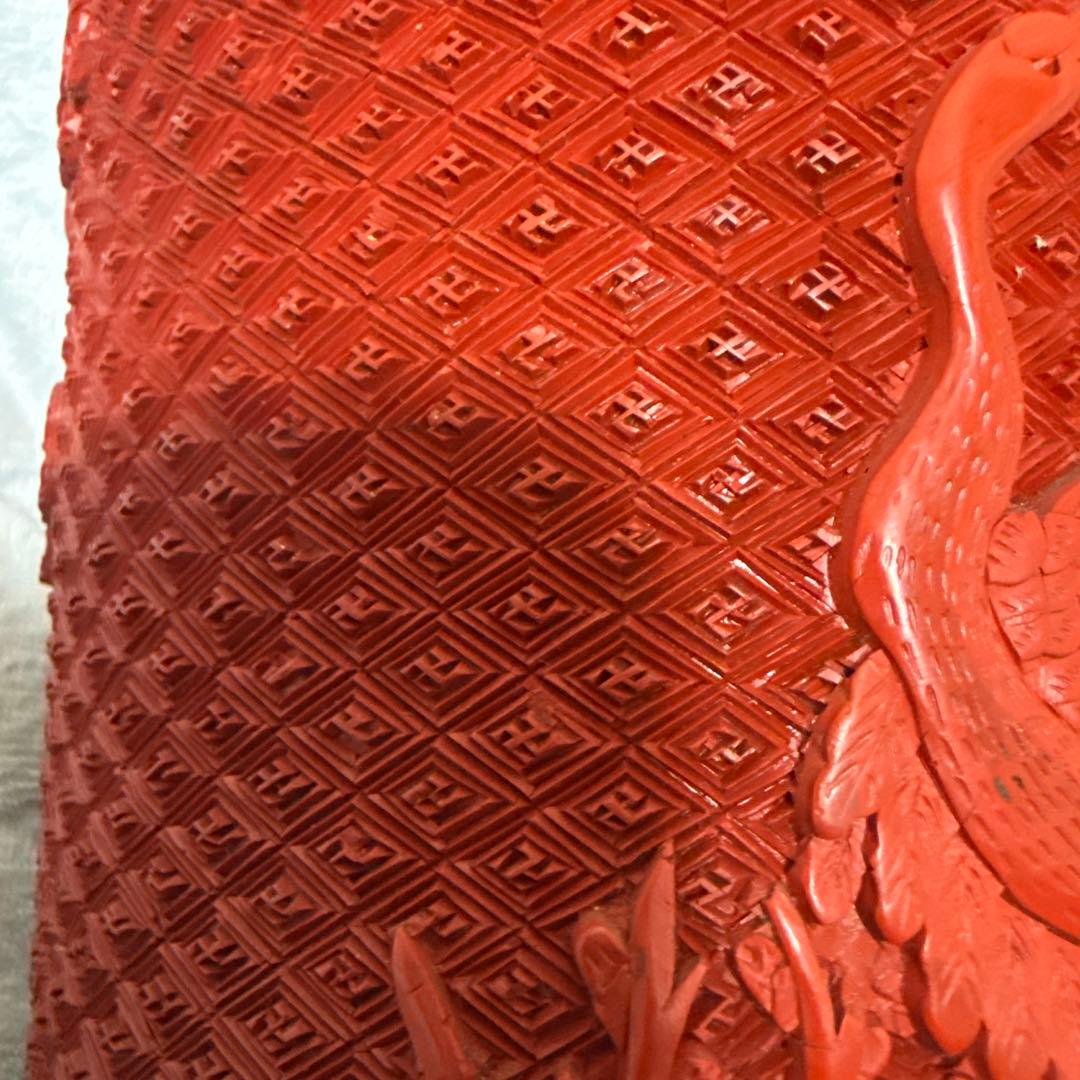 中国美術堆朱彫刻鶴図木製筆立本物保証古唐物／彫漆／堆朱／花紋／煎茶道具／書道具