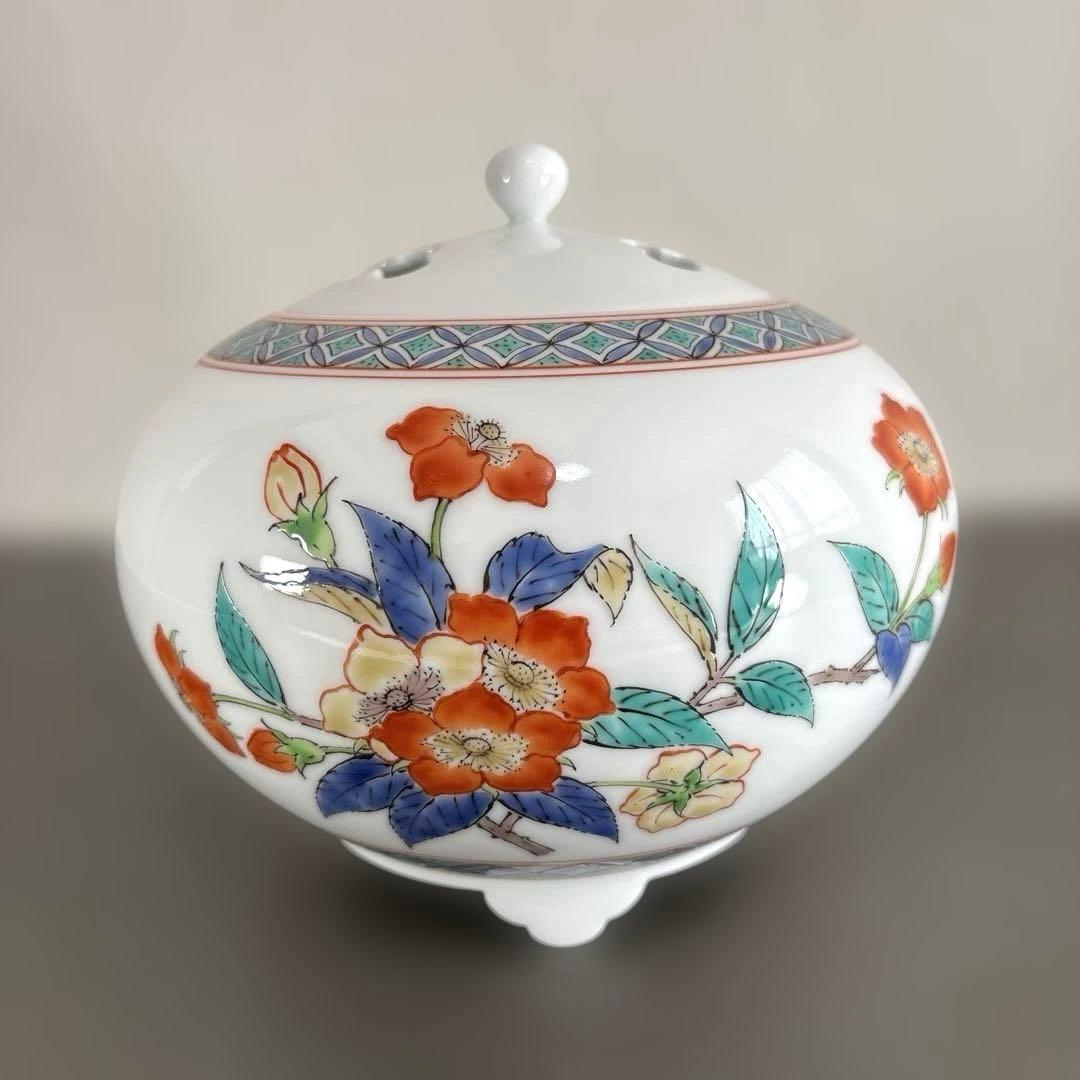 【人間国宝】 14代酒井田柿右衛門 濁手 苺花文 香炉 茶道具 本人作 美品