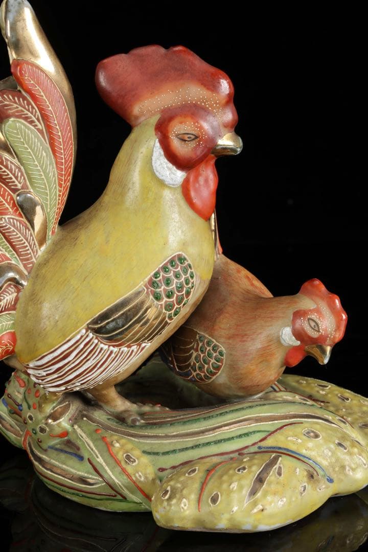 九谷焼 色絵金彩 酉 置物 木箱付 鶏 鳥 縁起物 吉祥 開運 古美術品 骨董品