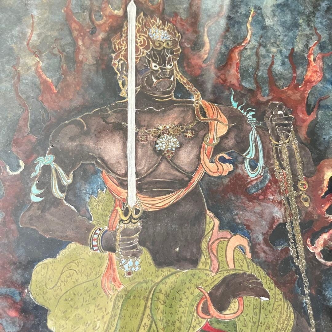仏画 不動明王 額装 肉筆 彩色 古画 仏教美術 E