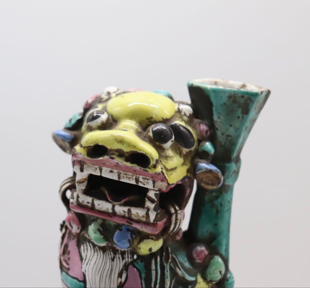 中国　清時代　洋彩　獅子　置物　共箱　送料込み250115