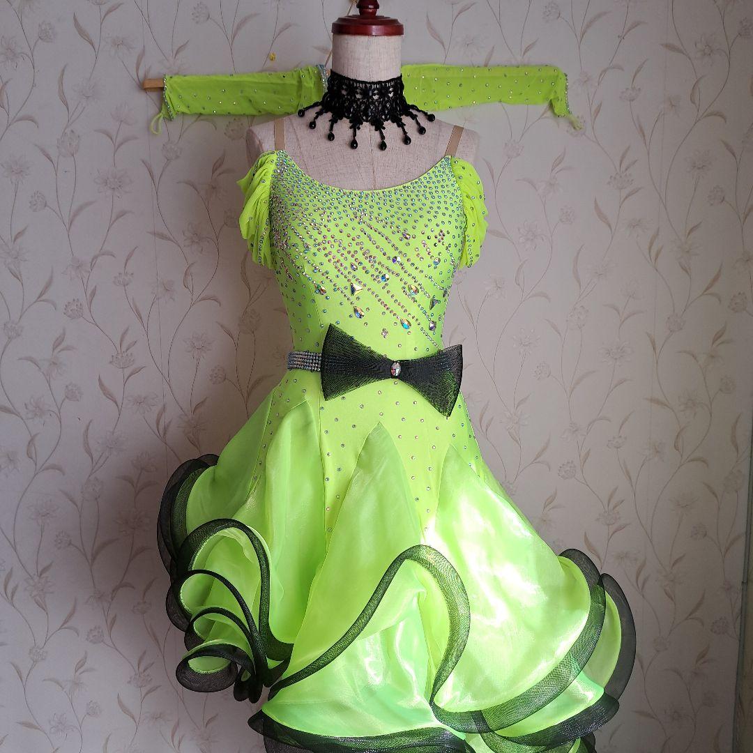 社交ダンス　ラテン蛍光イエローグリーンドレス　チョーカースワロフスキーベルト付き