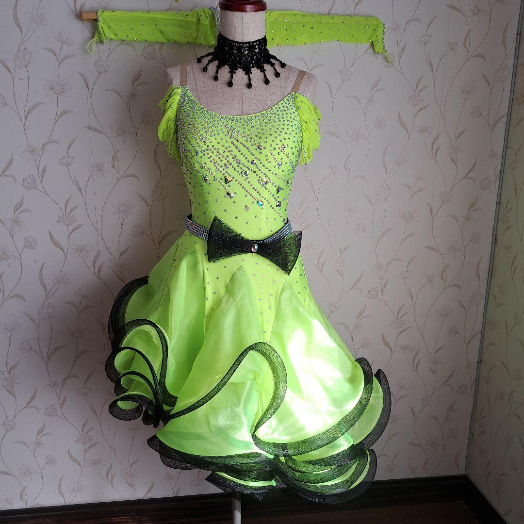 社交ダンス　ラテン蛍光イエローグリーンドレス　チョーカースワロフスキーベルト付き