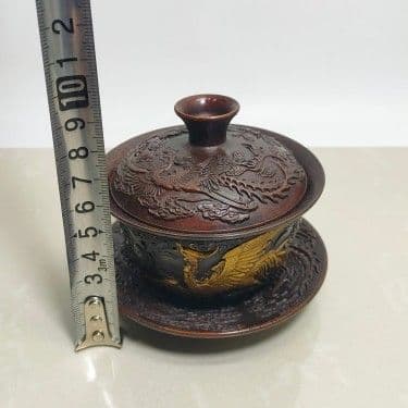 銅器 中国茶器 龍鳳呈祥銅鎏金三才蓋碗 茶碗 カップ 工芸品 置物