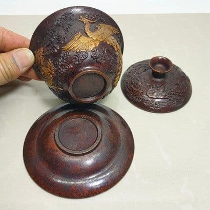 銅器 中国茶器 龍鳳呈祥銅鎏金三才蓋碗 茶碗 カップ 工芸品 置物