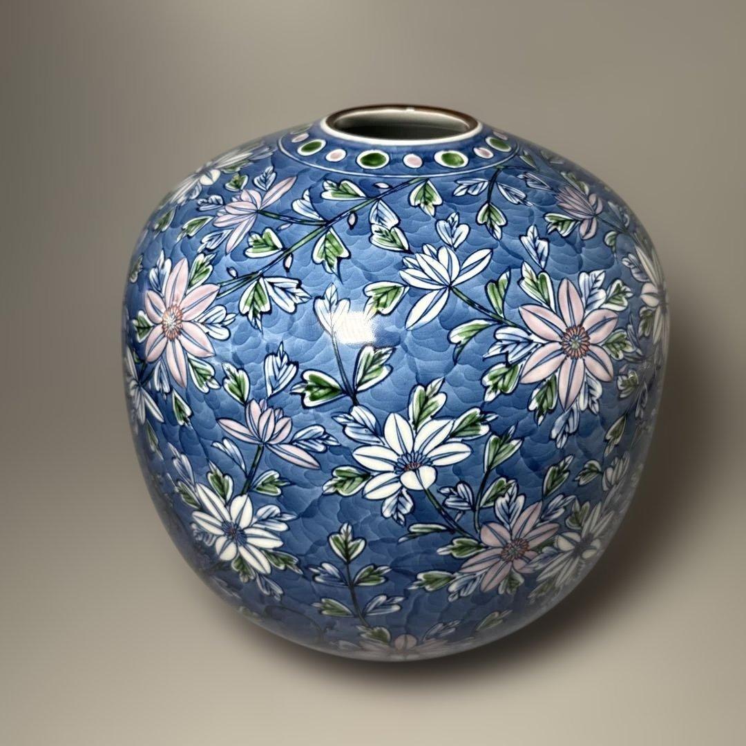 村上玄輝　染錦花草文様　花瓶　圧倒的な存在感　高さ27cm 胴径27cm　本人作
