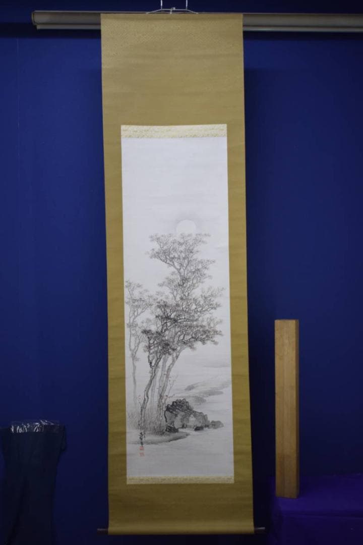 真作/文華/山水月下樹木図/秋月/布袋屋掛軸HI-940