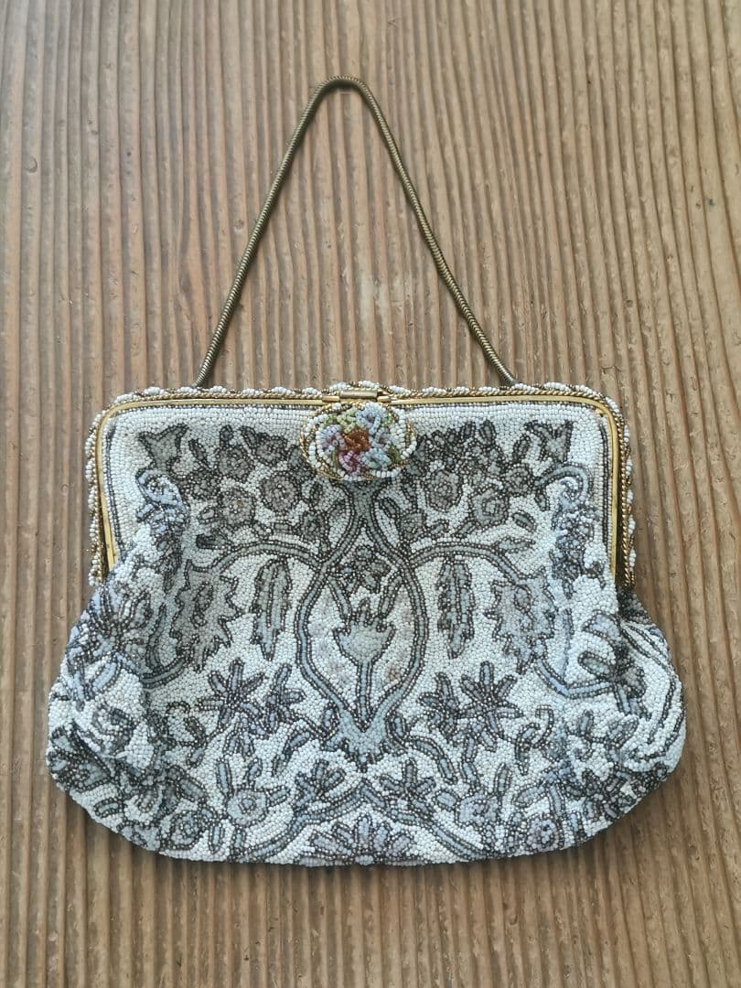 アンティーク マイクロビーズガラス 乳白透金ビーズ イブニング/パーティーバッグ