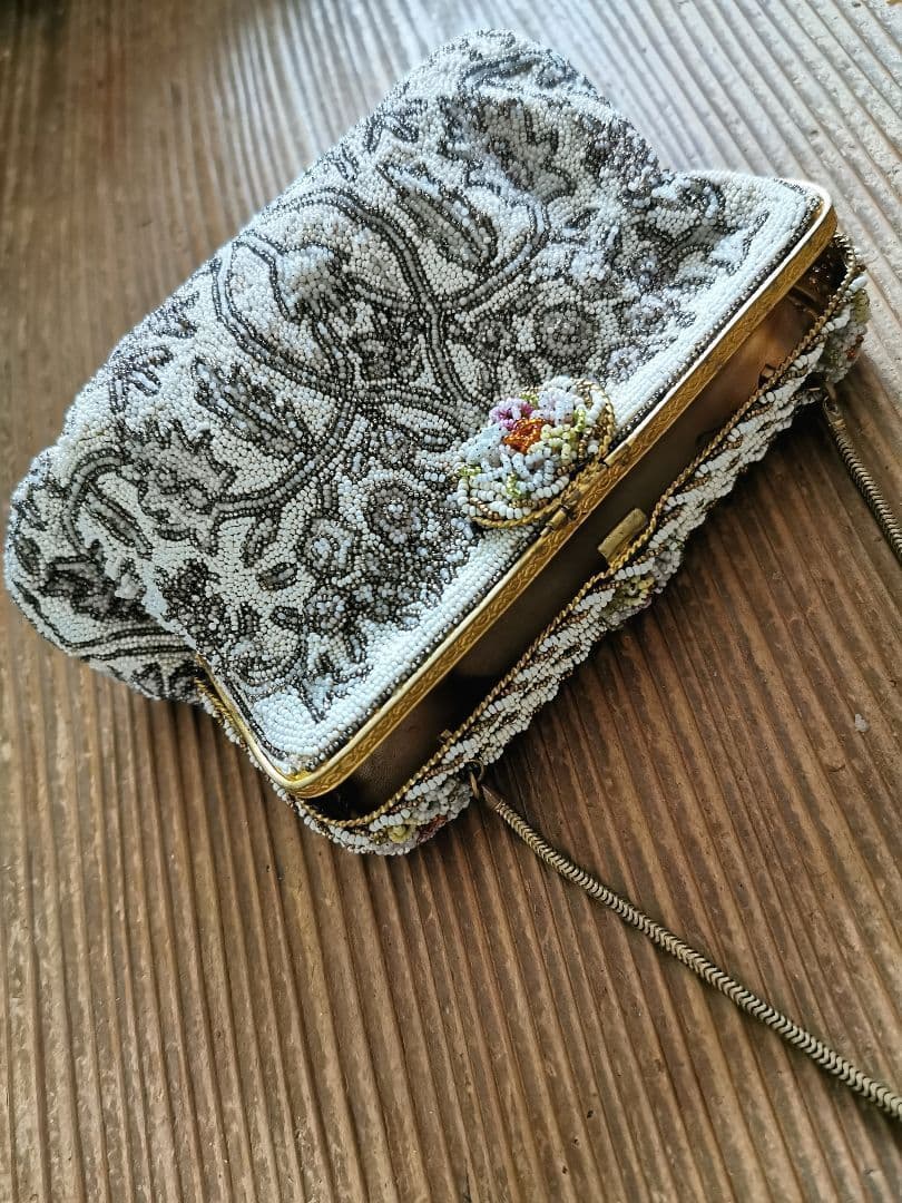 アンティーク マイクロビーズガラス 乳白透金ビーズ イブニング/パーティーバッグ