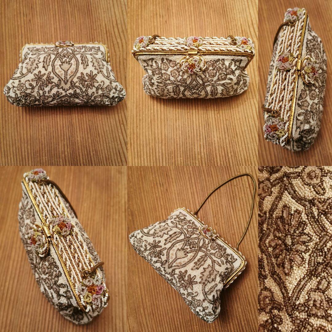 アンティーク マイクロビーズガラス 乳白透金ビーズ イブニング/パーティーバッグ