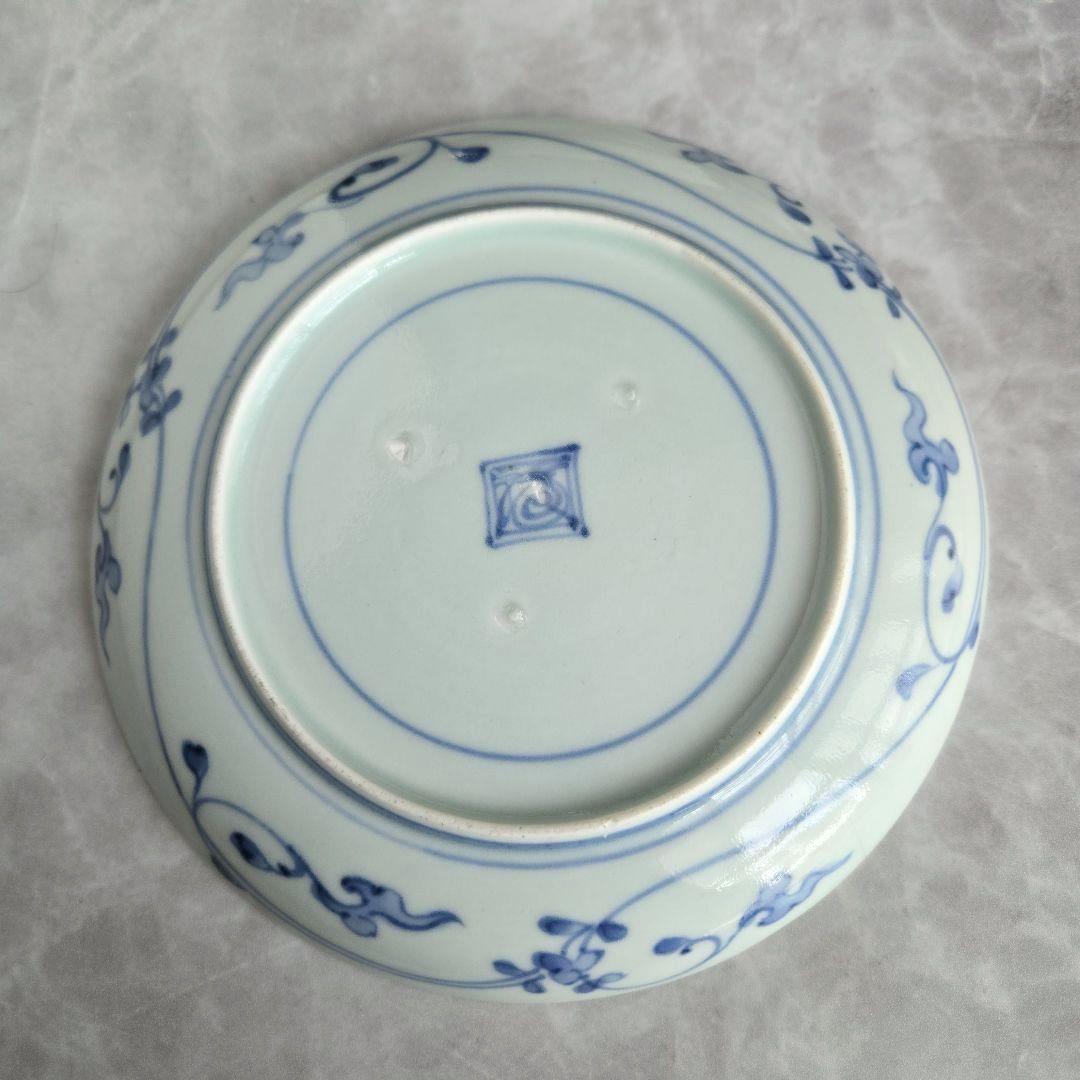 古伊万里　染付　古印判　六寸皿　江戸時代　型紙摺印判　金直し　金継ぎ　骨董