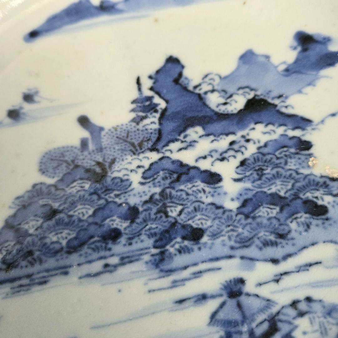 古伊万里　染付　古印判　六寸皿　江戸時代　型紙摺印判　金直し　金継ぎ　骨董