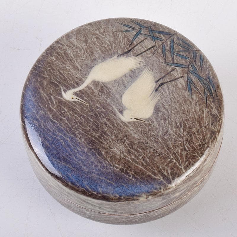 茶道具　臥牛窯　十三代　横石臥牛作　白鷺文　香合　共箱　Z　8496