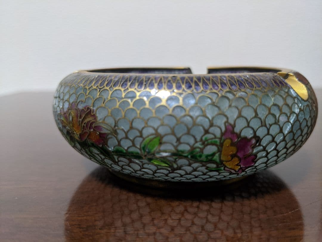 ♦中国美術工芸 薄胎磁 七宝焼 花木図 灰皿 アンティーク 骨董品 コレクション