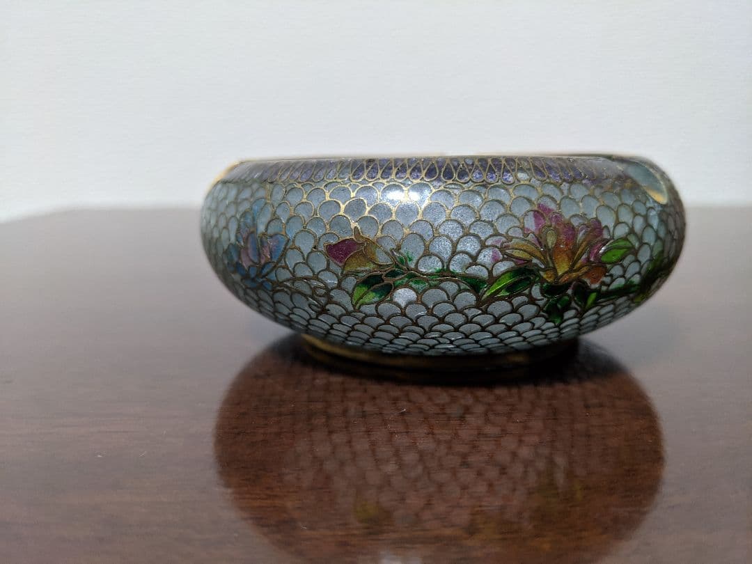 ♦中国美術工芸 薄胎磁 七宝焼 花木図 灰皿 アンティーク 骨董品 コレクション