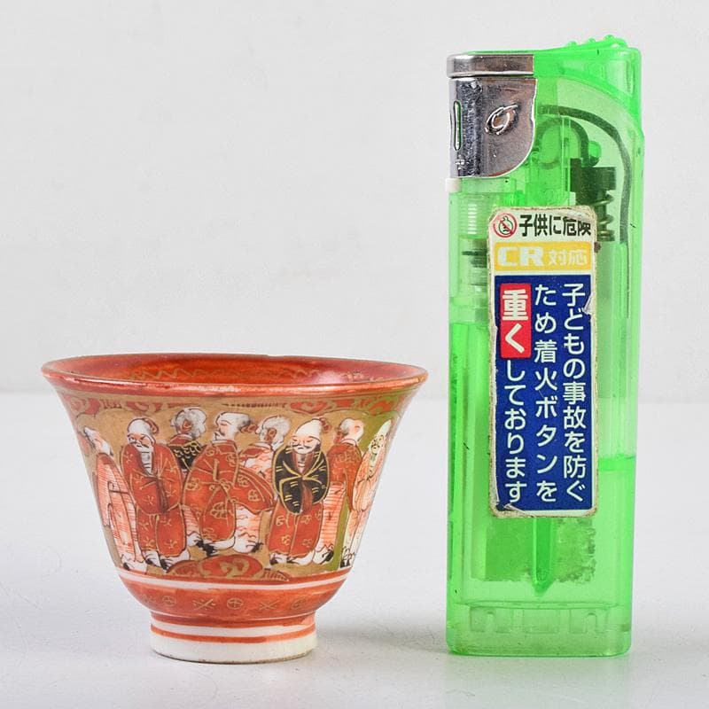 九谷焼　古九谷　赤絵金彩　人物花文　煎茶碗　五客　時代箱付　U　R9306