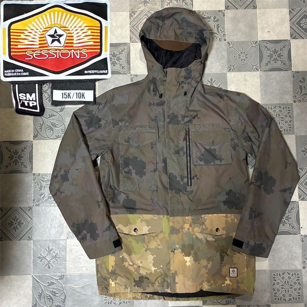 SESSIONS スノーボードジャケット 迷彩 カモフラ ドローコード ZIP