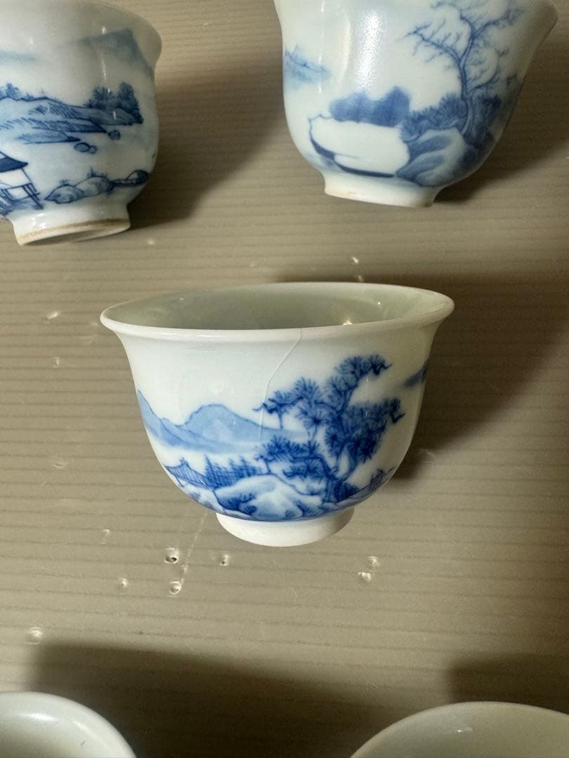 2616中国骨董　大明年製銘　染付山水茶器セット　宝瓶1客　湯冷し1客　湯呑5客