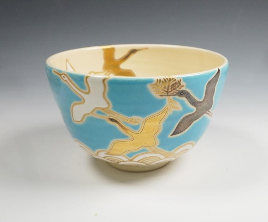 伊藤魁雲 青地鶴之図茶碗 茶道具 共箱