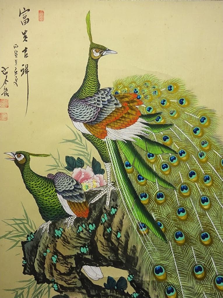 大幅掛軸 古今韶『金孔雀図』中国画 絹本 肉筆 共箱付 掛け軸 a061112