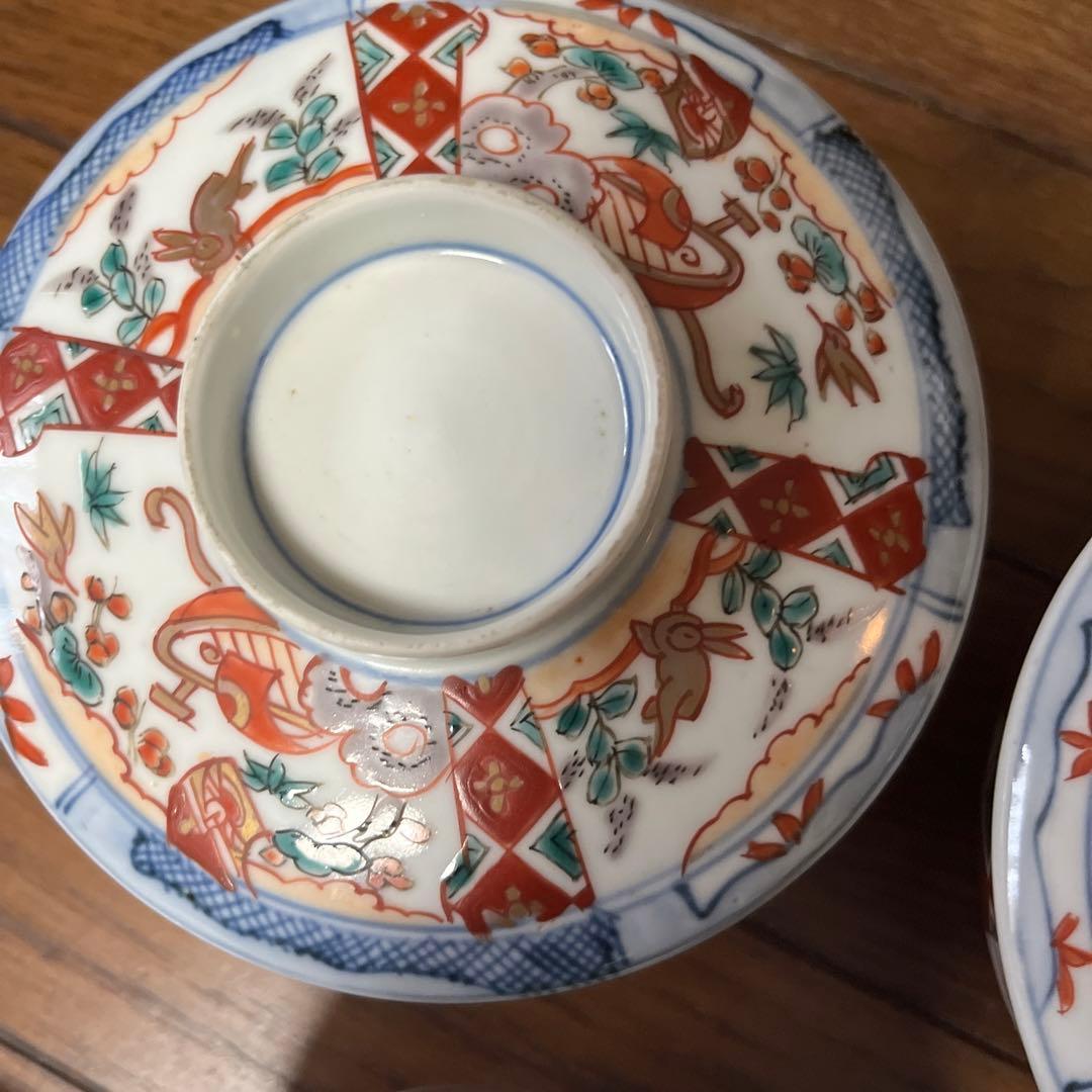 限定最終処分特価古伊万里色絵蓋付お茶碗五客煮物鉢　大きめ　完品　食卓のインテリア